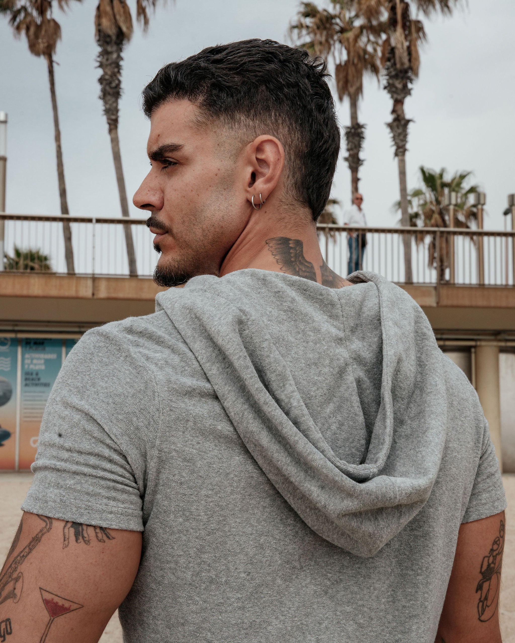 Short Sleeve Hooded Towelling Union Suit - Grey Marl - Image 2