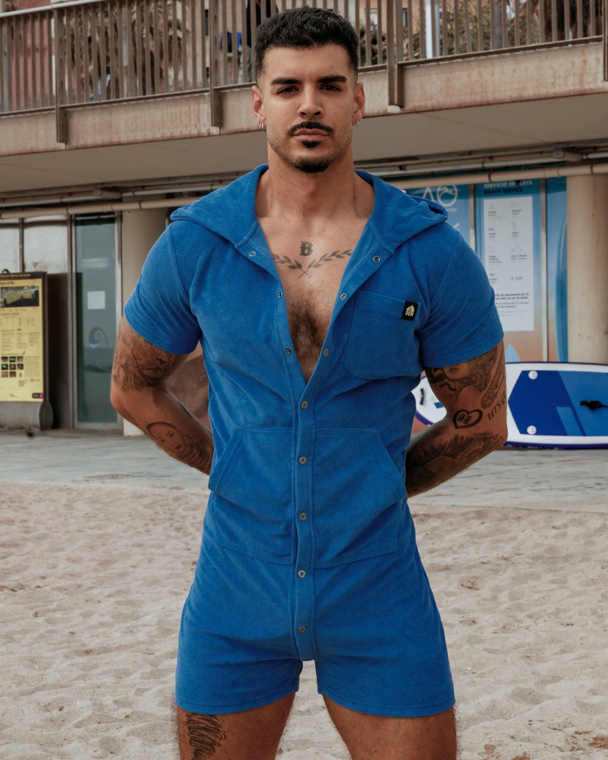 Short Sleeve Hooded Towelling Union Suit - Blue