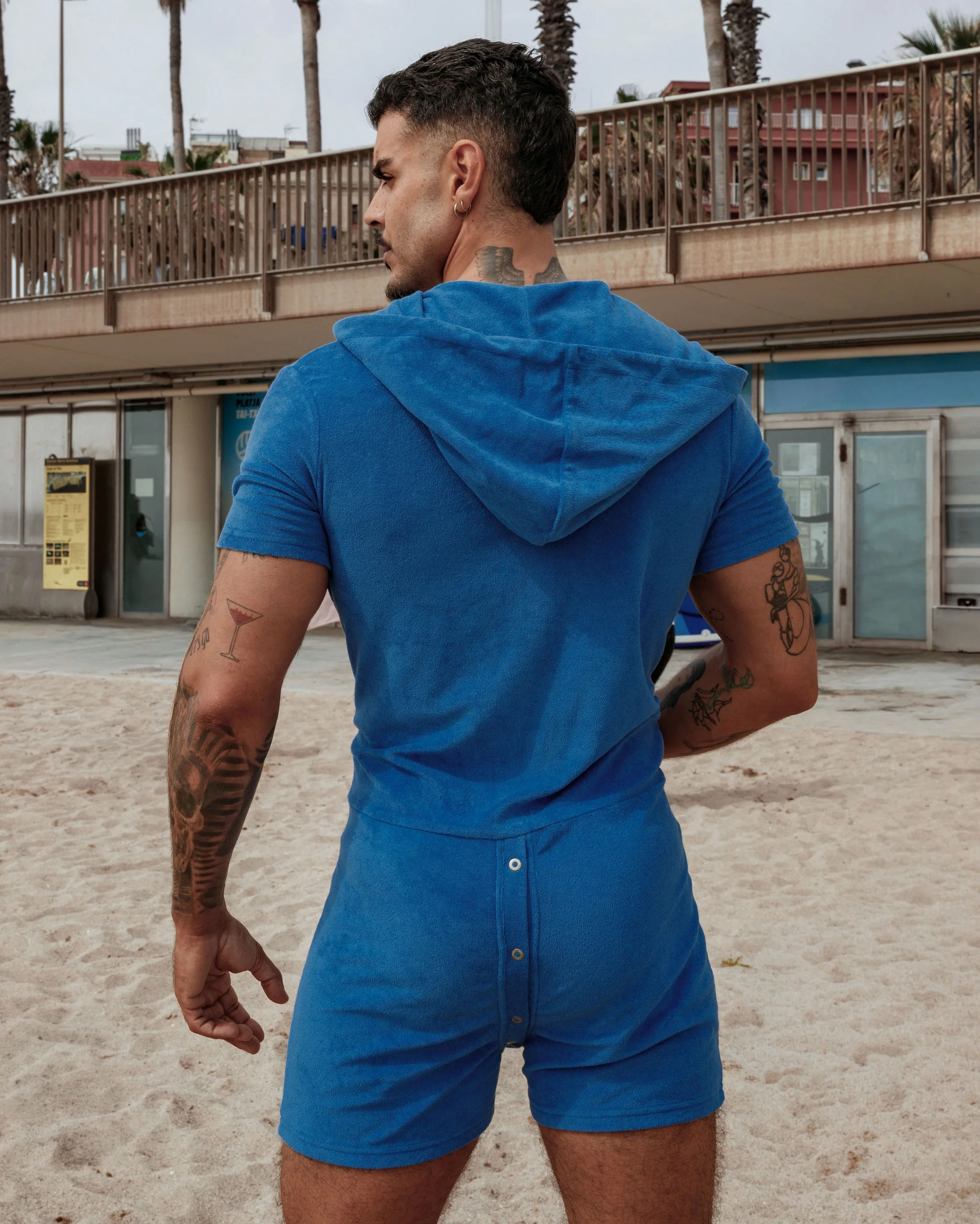 Short Sleeve Hooded Towelling Union Suit - Blue - Image 2