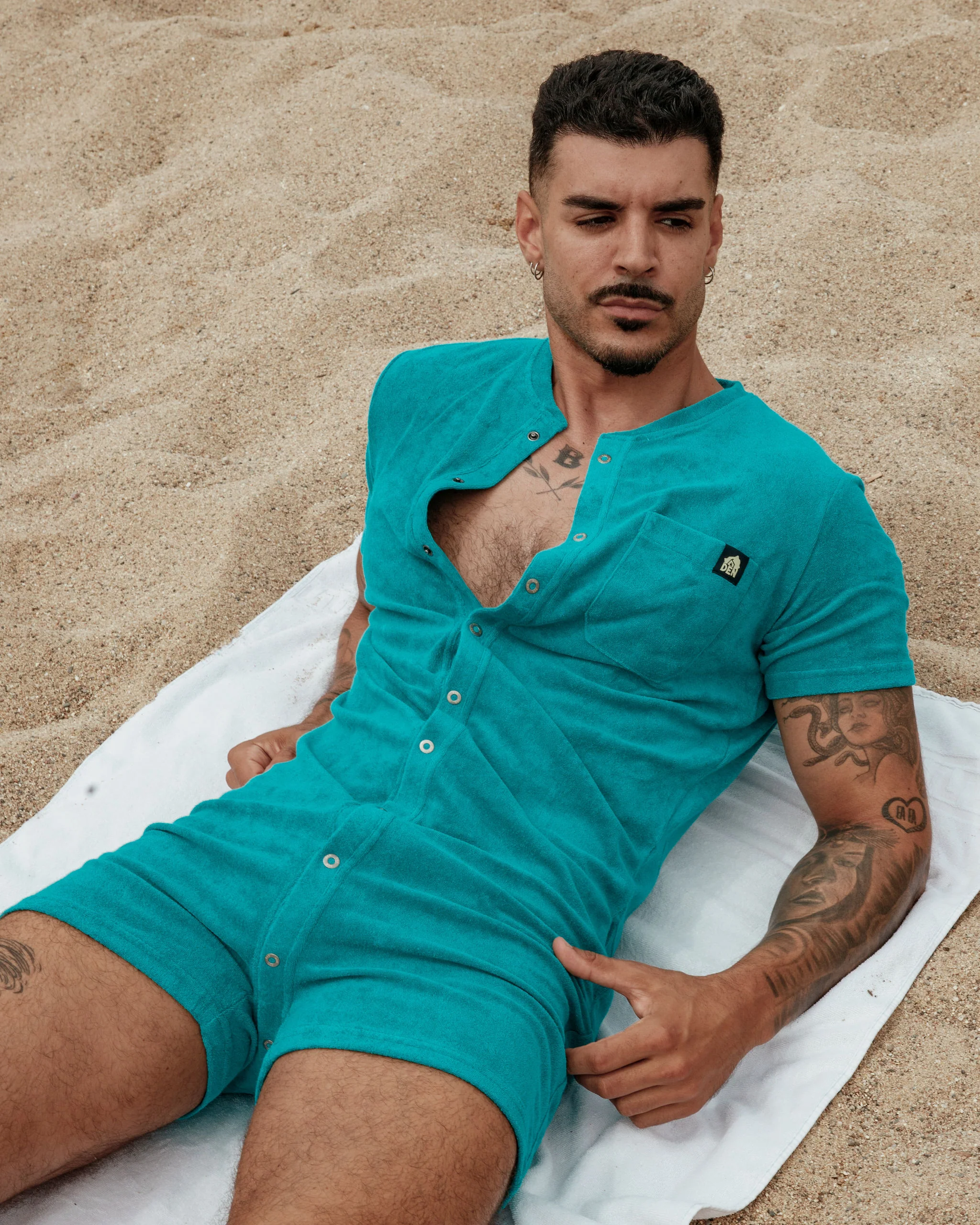 Short Sleeve Towelling Union Suit - Aqua