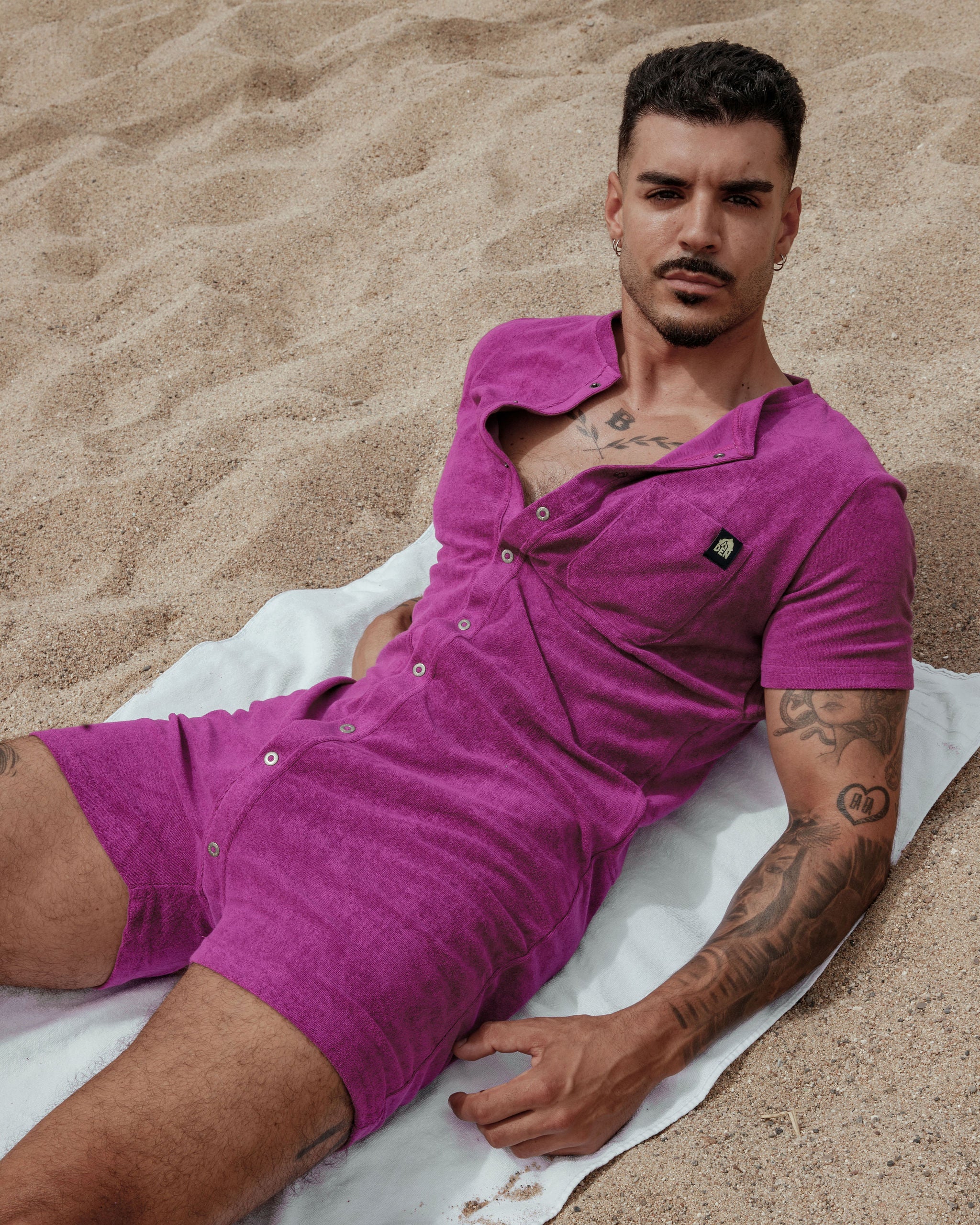 Short Sleeve Towelling Union Suit - Fuchsia